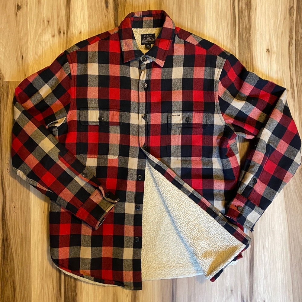 J.Crew Mens Buffalo Plaid Sherpa Lined Flannel Shirt Jacket Red Black Medium